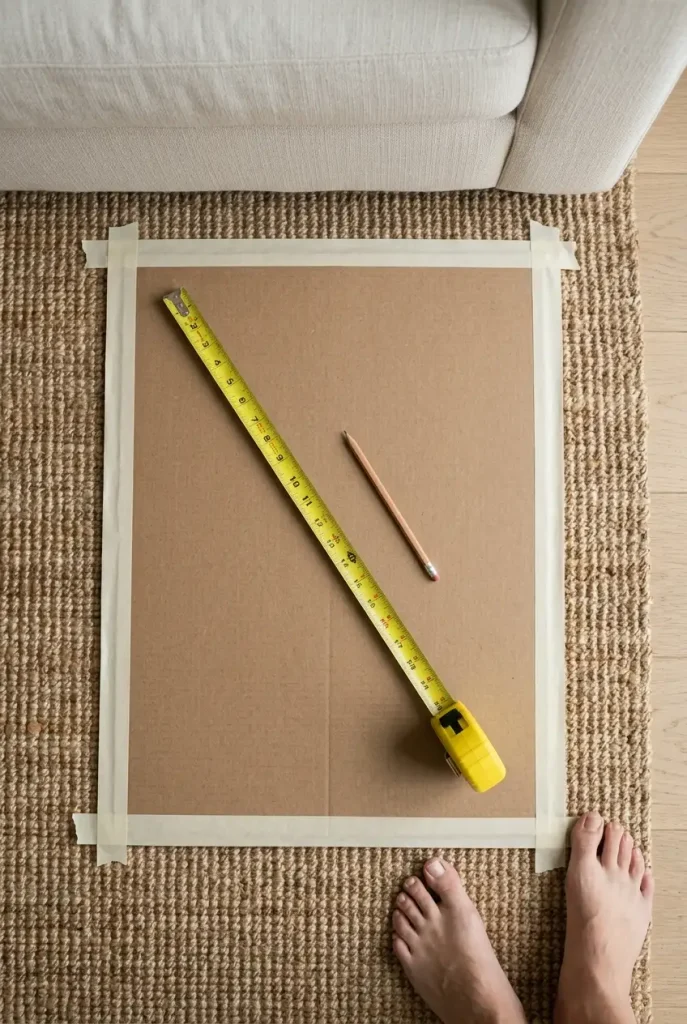 Cardboard coffee table mock-up taped to a rug with a tape measure for sizing.