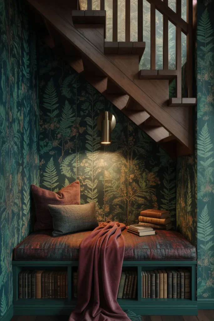 academia under-stairs reading nook with botanical wallpaper, cushioned bench, burgundy throw, and warm wall sconce lighting
