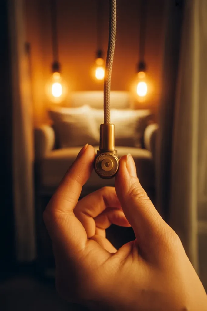 Adjusting a dimmer switch on a reading nook lamp to create the perfect cozy glow.
