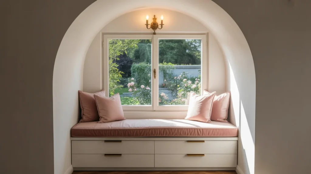 Arched alcove window seat reading nook with blush pink cushion, storage drawers, and brass sconce
