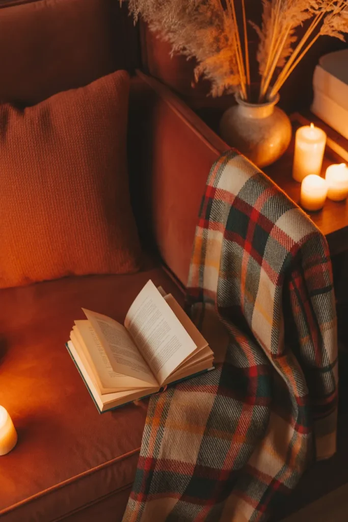 Autumn reading nook cushions and pillows in rust and burgundy tones for seasonal styling