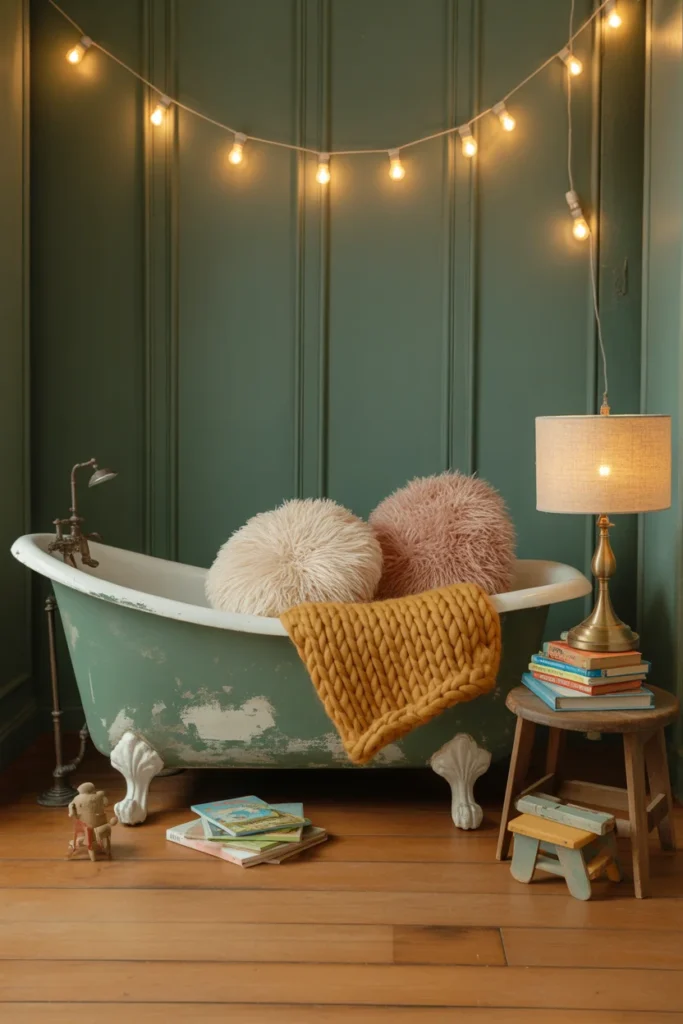 Bathtub kids reading nook ideas with pillows and fairy lights — unique and creative children's reading corner for playroom

