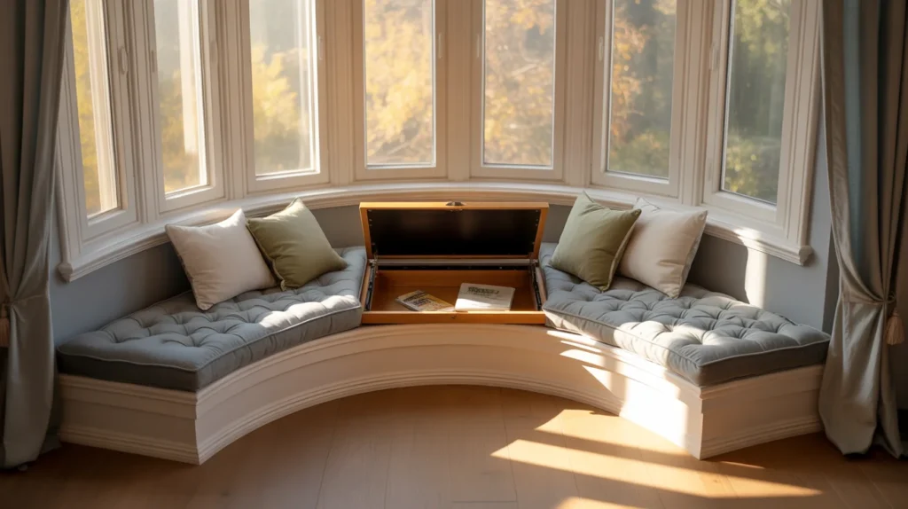 Bay window reading nook with lift-top storage, gray tufted cushion, and decorative pillows