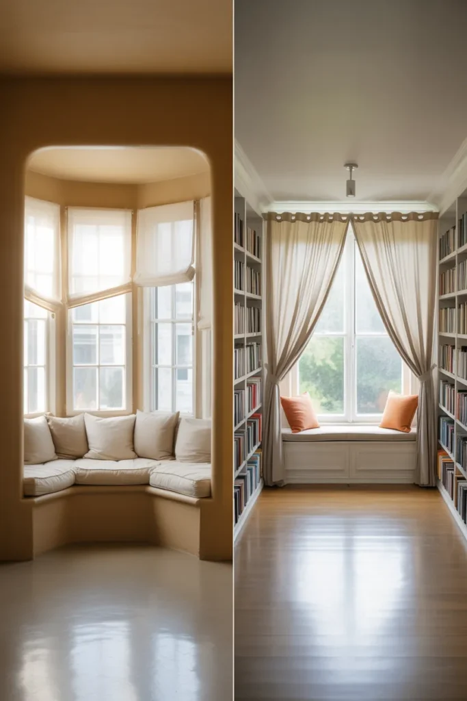 Bay window seat versus flat wall window seat with built-in bookshelves comparison.