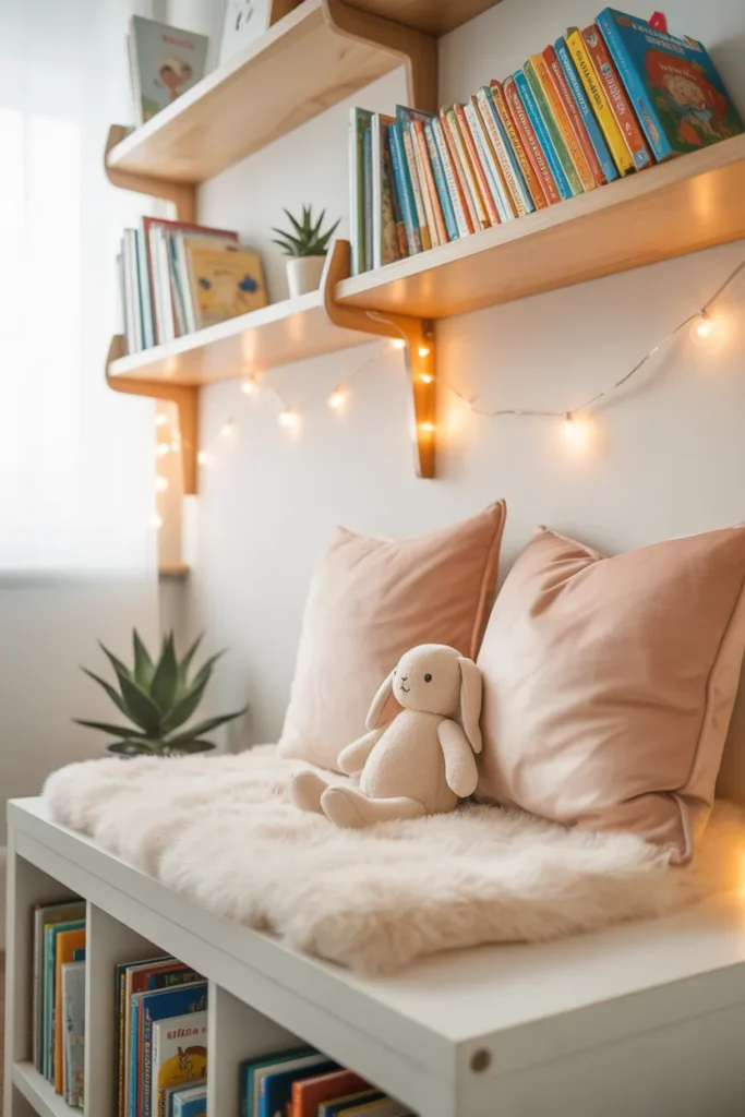 Beautiful kids reading nook with storage bench shelves and cozy cushions