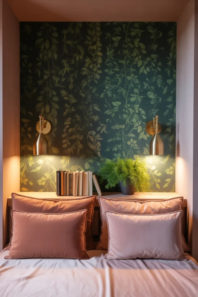 Bedroom alcove reading nook with velvet cushion, brass wall sconces, and botanical wallpaper accent