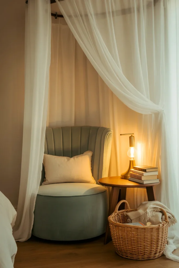 Bedroom reading nook with sheer canopy draped over accent chair creating a private curtained corner