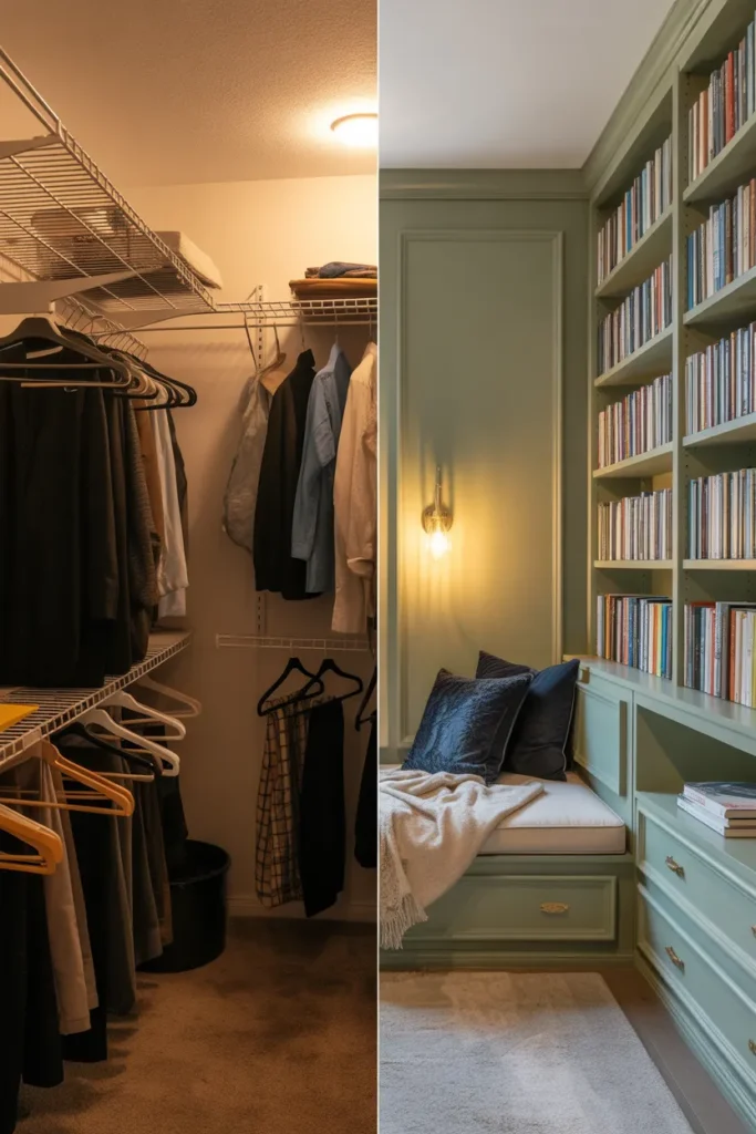 Before and after closet reading nook conversion showing cluttered closet transformed into cozy reading retreat