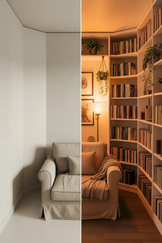 Before and after comparison of a plain reading corner transformed into a styled maximalist reading nook