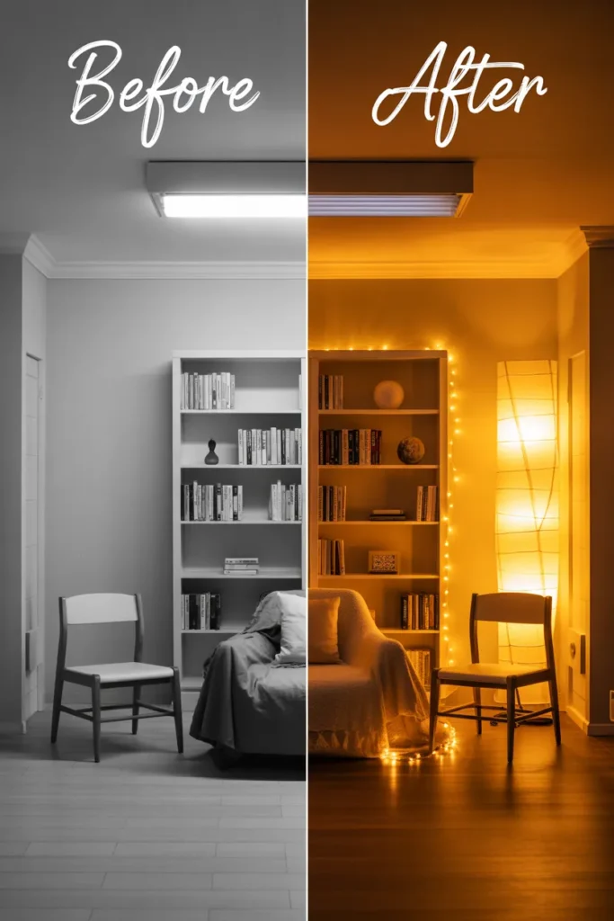 Before and after reading nook lighting comparison showing cool harsh light versus warm layered cozy glow.