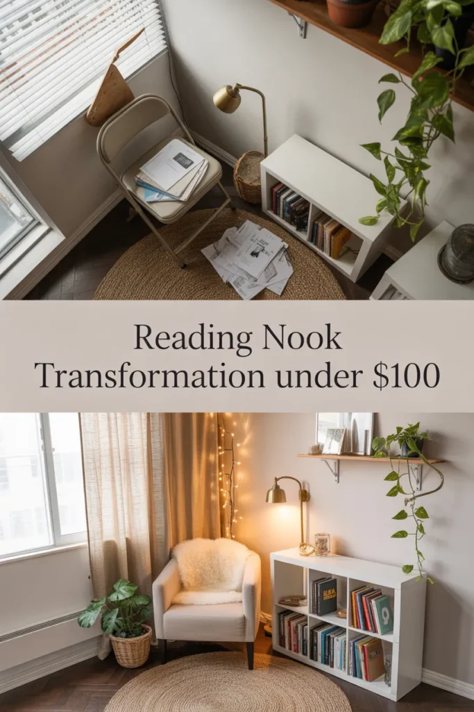 Before and after reading nook transformation under $100 in a small apartment.