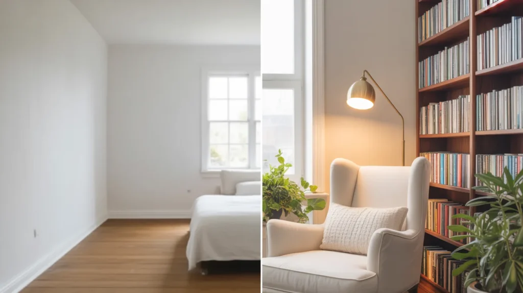 Before and after transformation of an empty bedroom corner into a fully styled cozy reading nook