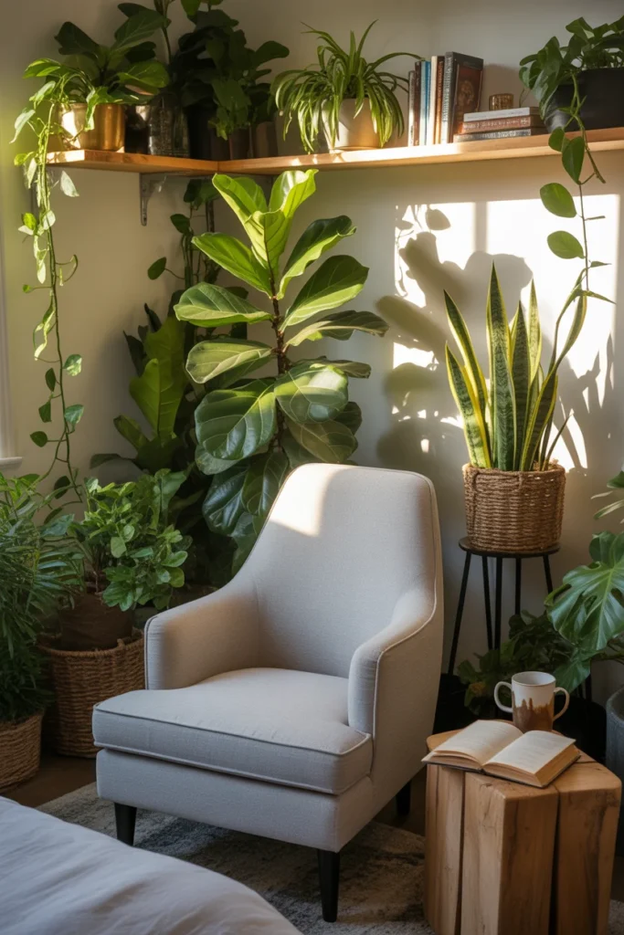 Biophilic bedroom reading nook surrounded by lush indoor plants with gray armchair and natural light
