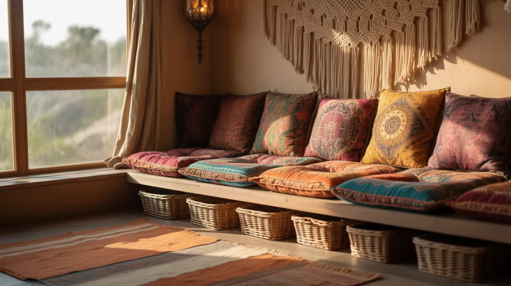  Bohemian floor-level window reading nook with patterned cushions, macrame decor, and rattan basket storage