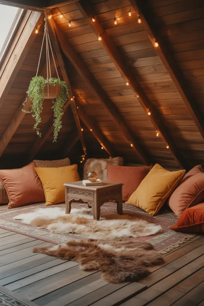 Boho attic floor cushion reading nook with sheepskin rug and fairy lights under slanted ceiling