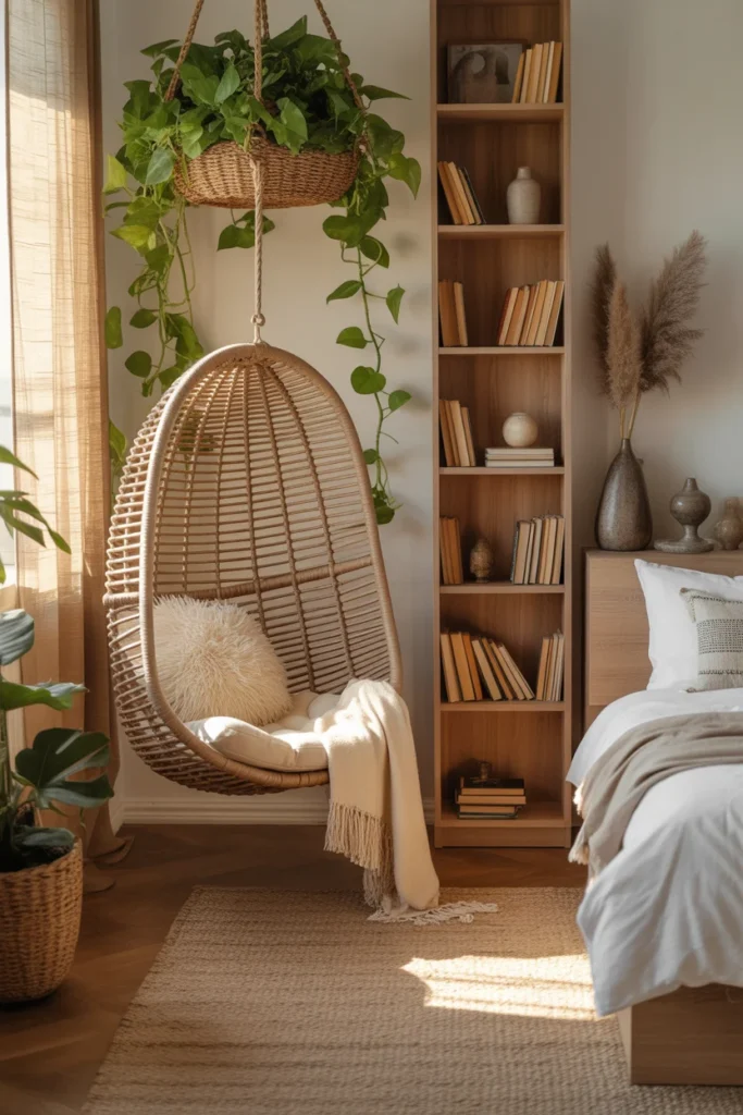 Boho bedroom reading nook with rattan hanging egg chair, nearby bookshelf, jute rug, and trailing plants