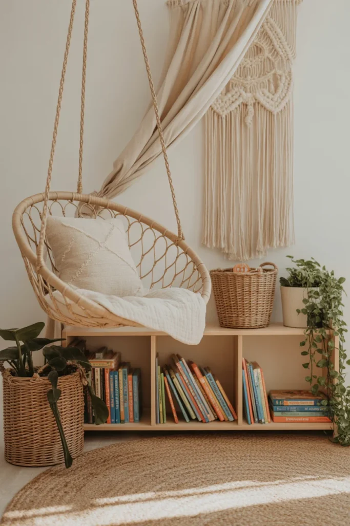 Boho kids reading nook with rattan hanging chair macrame and woven baskets — cozy reading corner ideas for children