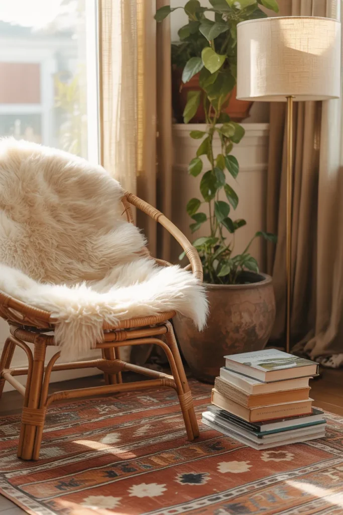 Boho reading nook ideas with rattan papasan chair, kilim rug, and brass floor lamp in cream and rust palette