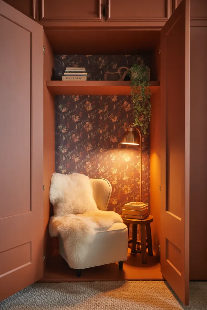 Boho reading nook in converted closet with terracotta walls, peel-and-stick wallpaper, and cream slipper chair