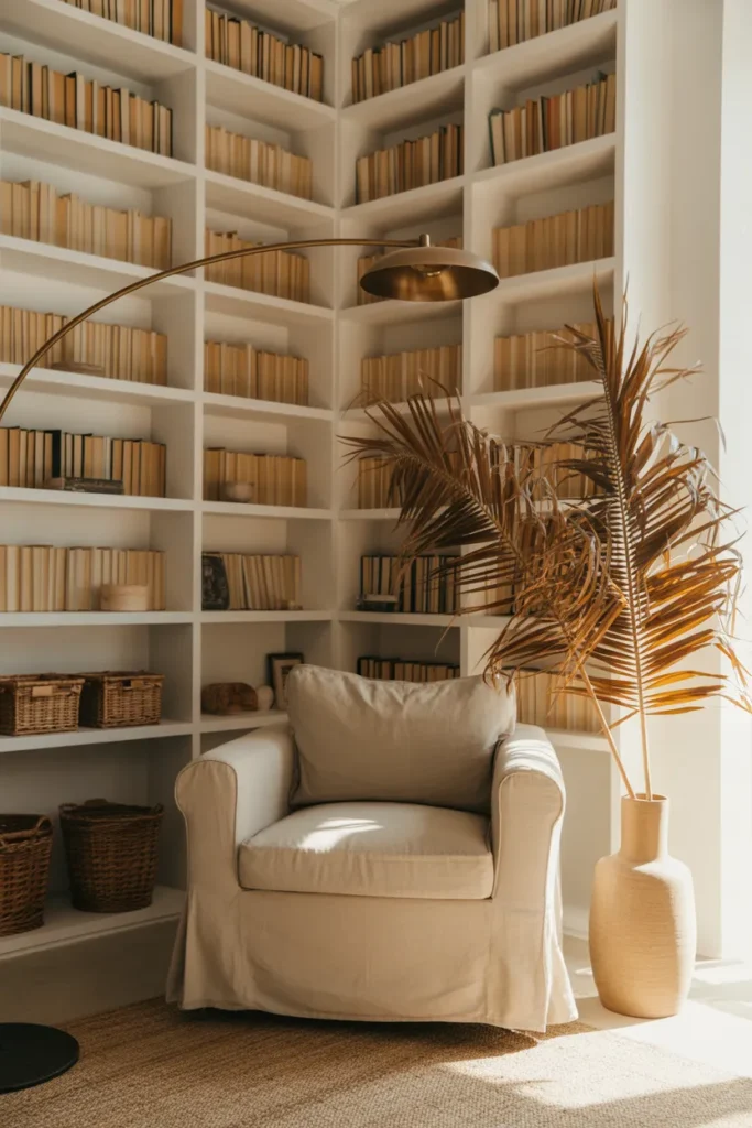 Boho reading nook in living room built-in with horizontal book styling and beige slipper chair