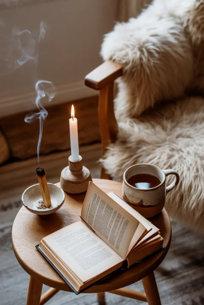 Boho reading nook sensory details with palo santo incense, candle, open book, and tea on wooden side table