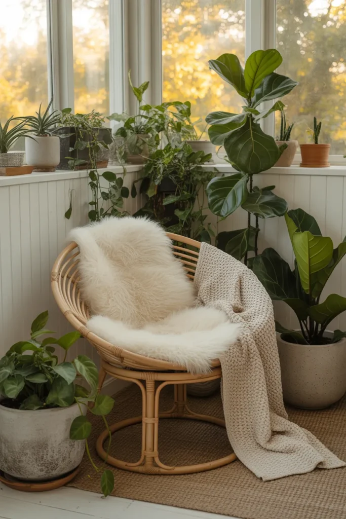 Boho sunroom reading nook with rattan papasan, sheepskin, and large pothos and fiddle leaf fig plants