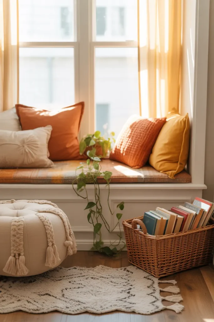 Boho tufted cream reading nook rug under a window seat with rust pillows and a basket of books