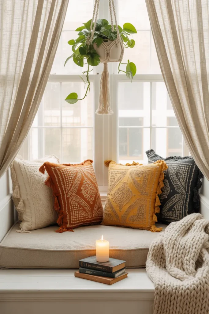 Boho window seat reading nook with linen cushion, mixed earth-tone pillows, and macramé plant hanger