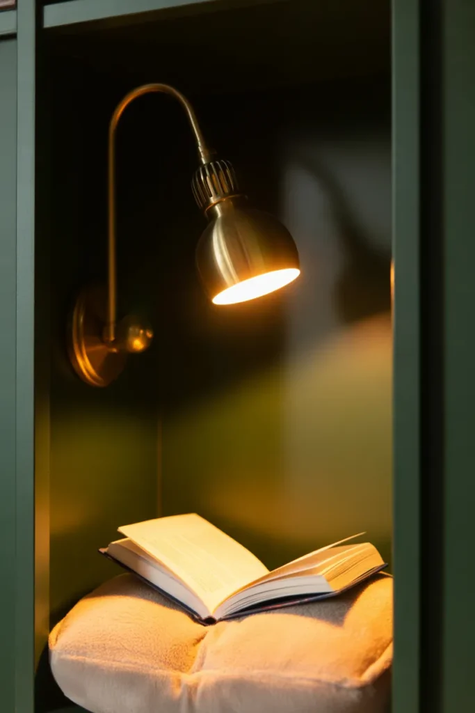 Brass swing arm sconce lighting a book in cozy closet reading nook