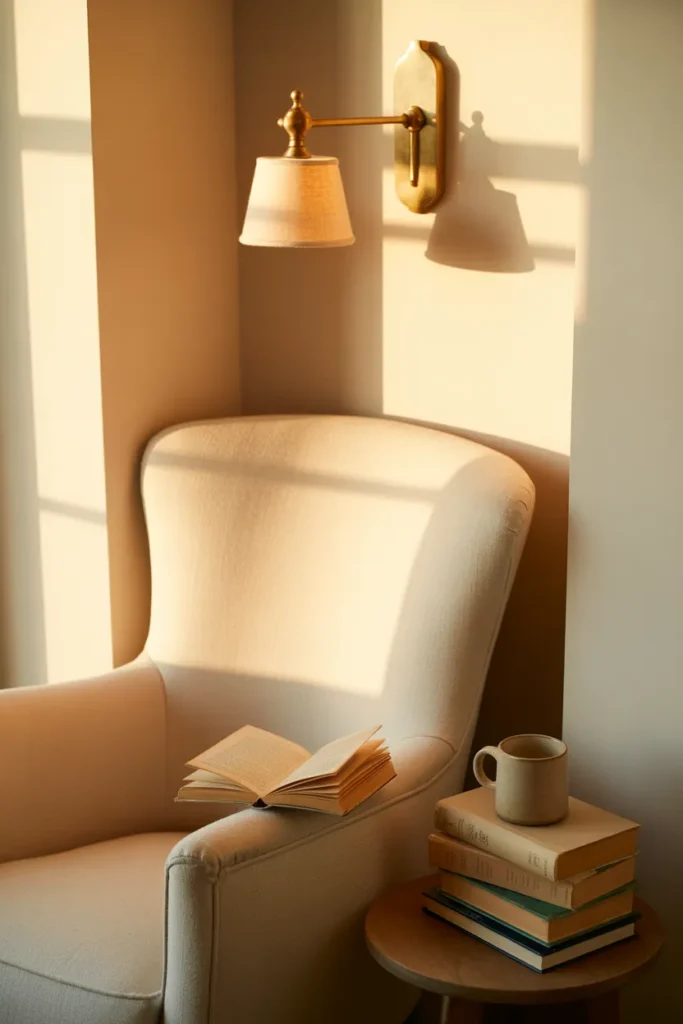 Brass swing arm wall sconce over a cozy reading chair — space-saving reading nook lighting idea for small spaces.