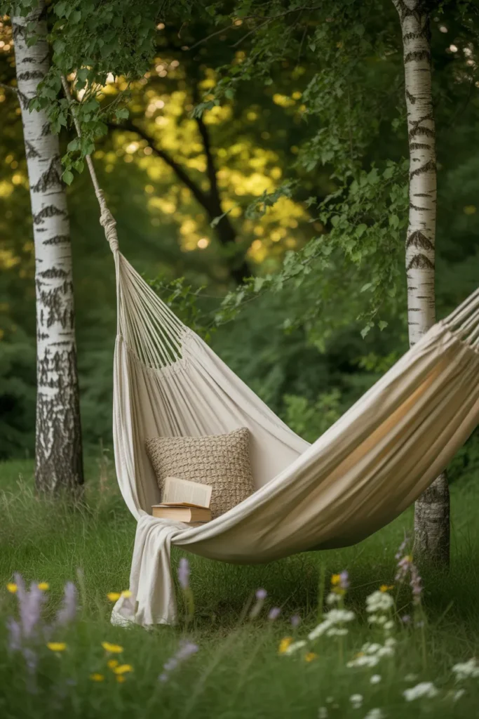Brazilian cotton hammock between two trees with a book and pillow — hammock reading nook in the garden.