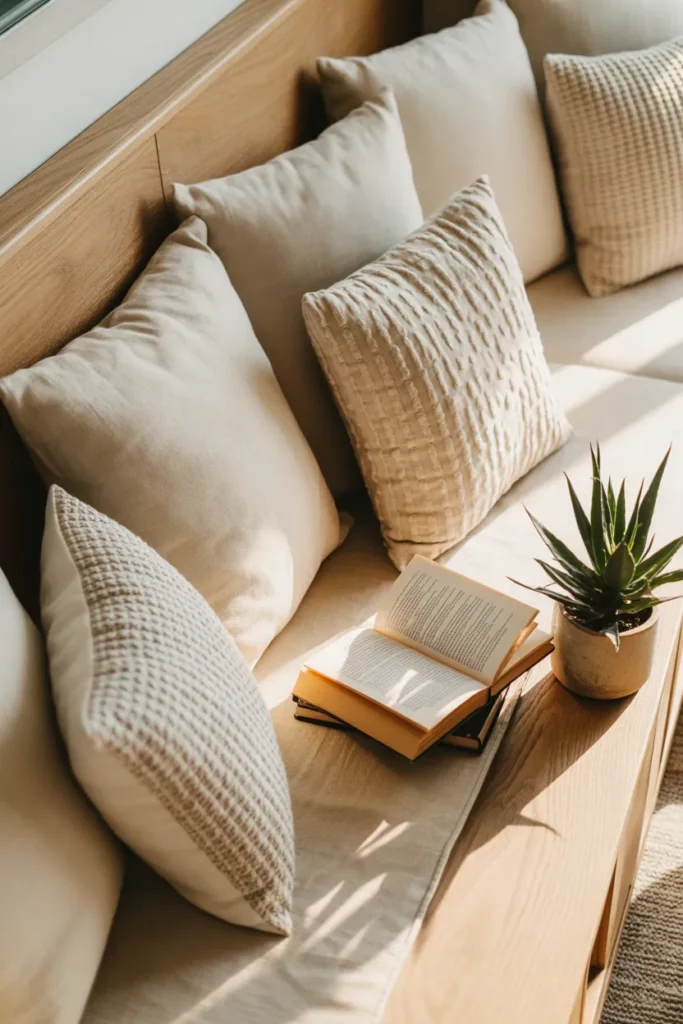  Budget friendly reading nook cushions and pillows styled on a light wood bench