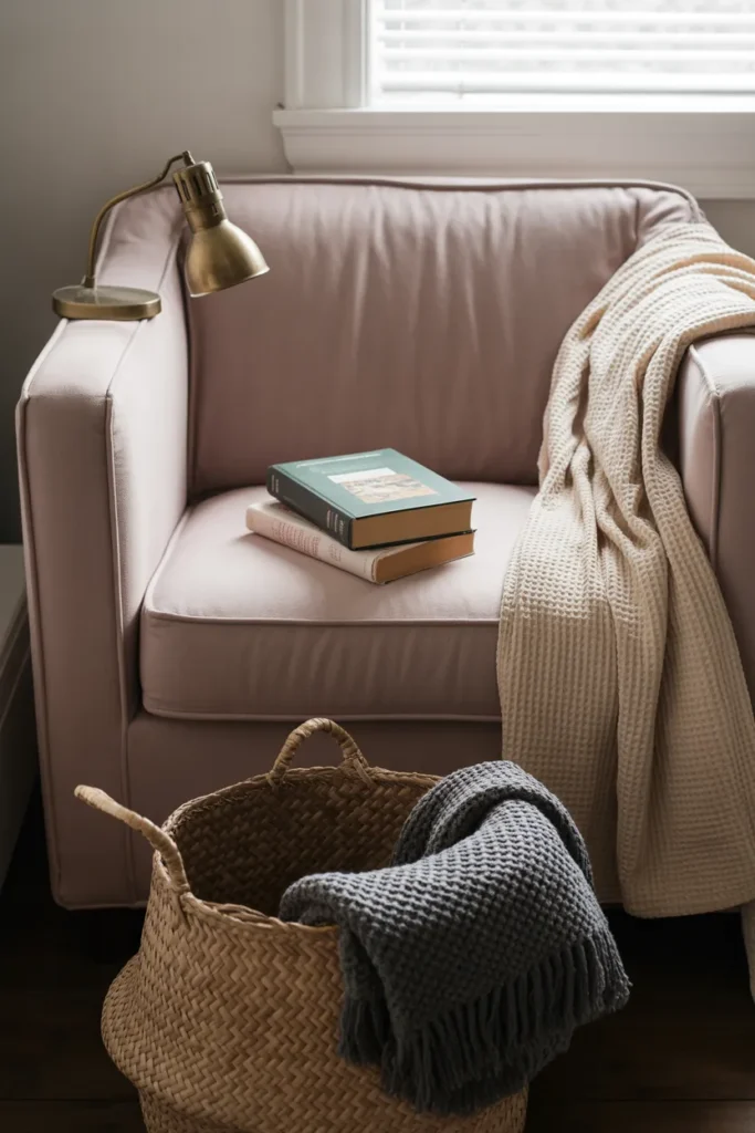 Budget friendly reading nook with affordable waffle weave throw blanket and seagrass storage basket.