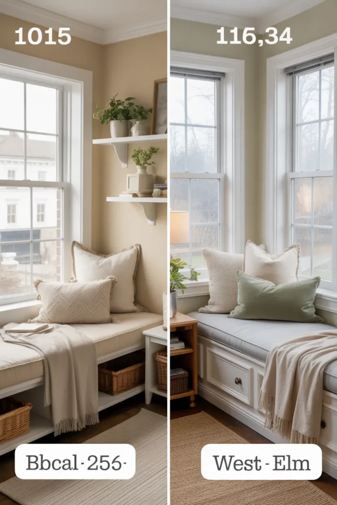 Budget versus splurge DIY window seat reading nook comparison with real prices.
