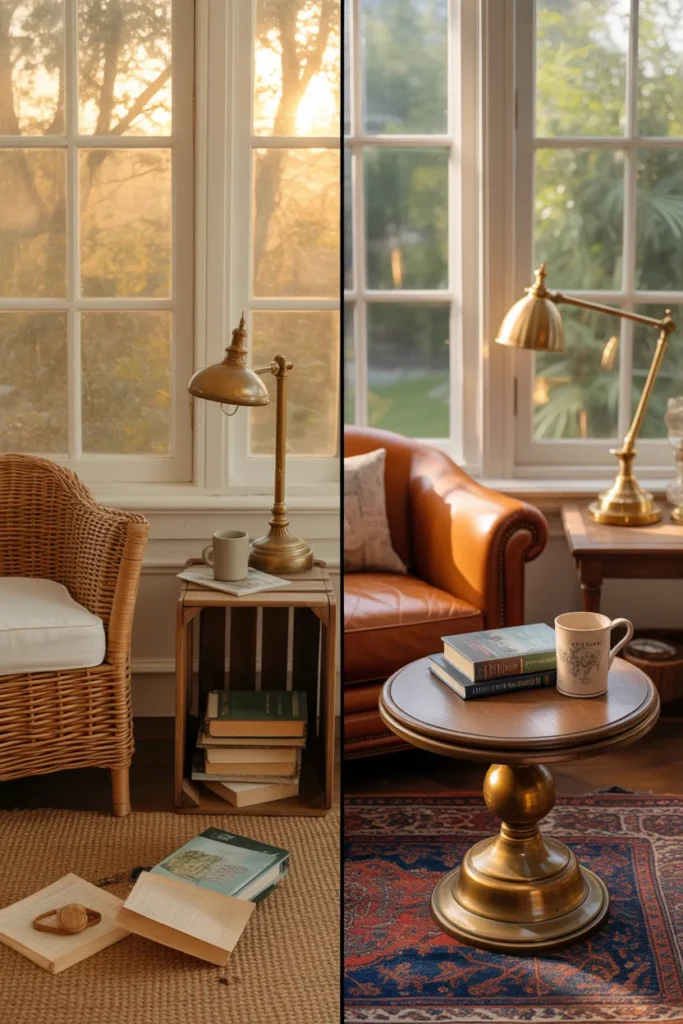 Budget versus splurge sunroom reading nook comparison with wicker chair and leather club chair.
