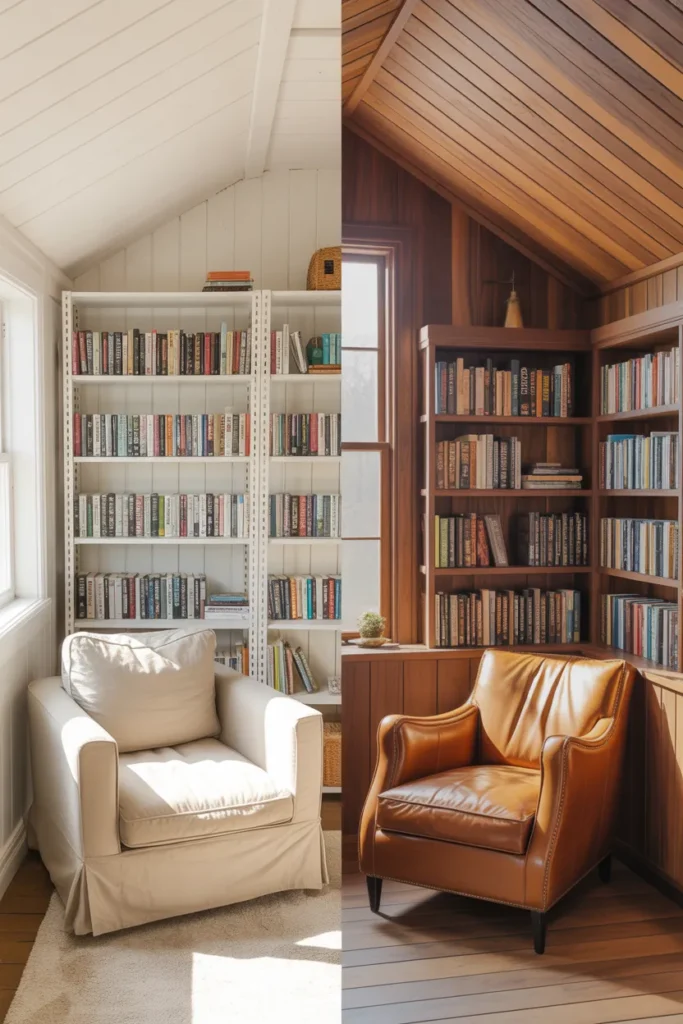 Budget vs splurge reading shed comparison with IKEA bookcases and custom millwork