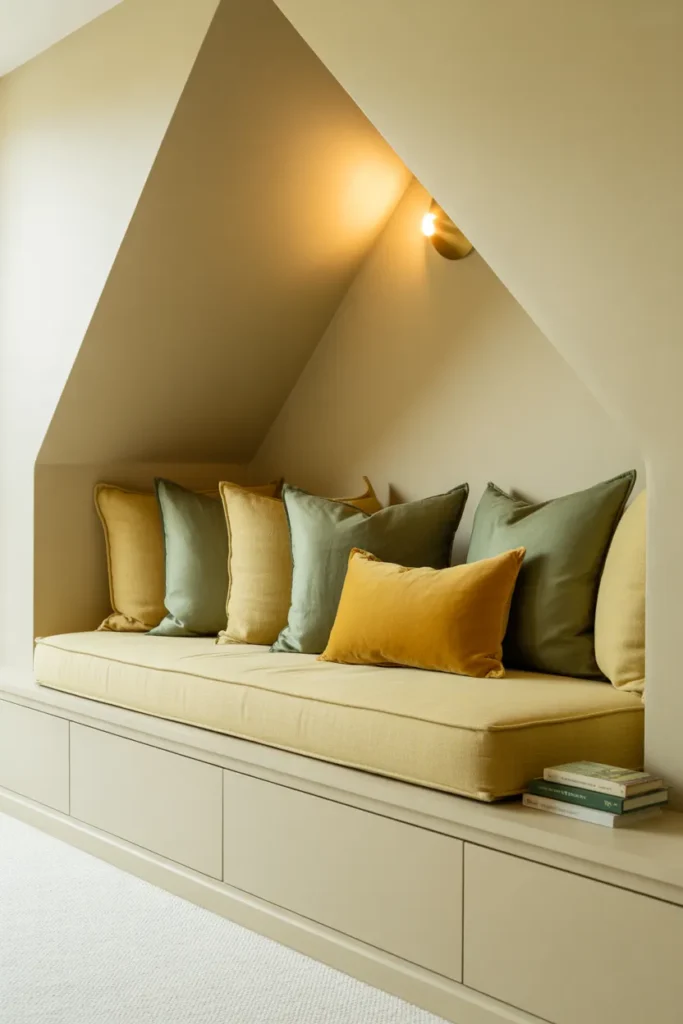 Built in attic reading bench along knee wall with storage and slanted ceiling