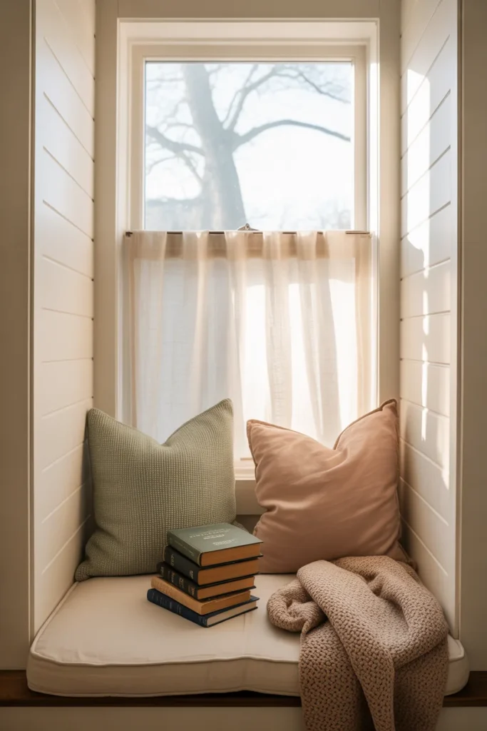 Built-in window seat bedroom reading nook with linen cushions and natural sunlight streaming in