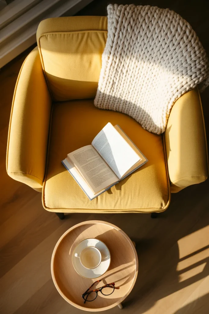 Butter yellow armchair reading nook flat lay with book and coffee — trending reading nook chair colors 2026