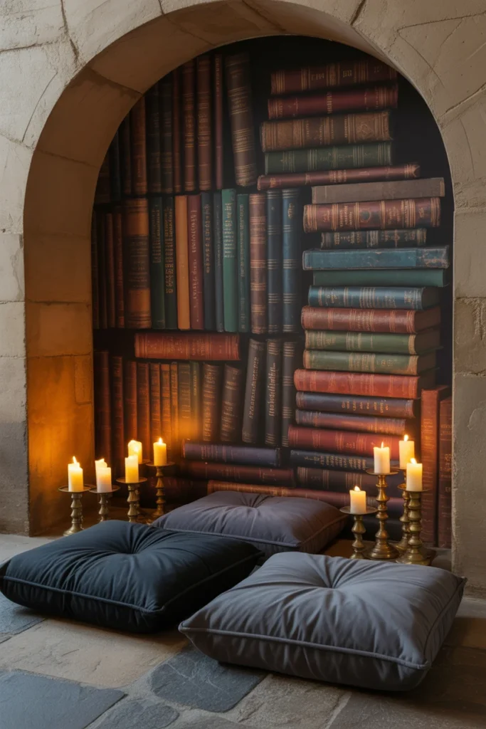  Candlelit dark academia reading alcove with vintage books, velvet floor cushions, and brass candle holders against stone walls