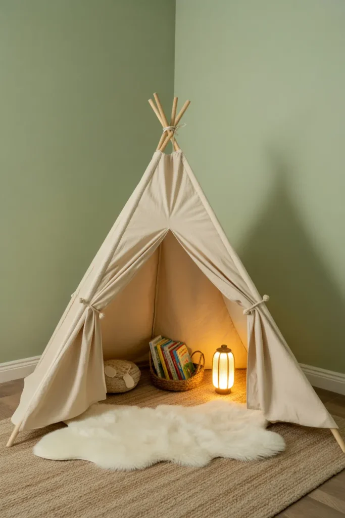 Canvas teepee reading hideaway for toddlers with sheepskin rug and book basket