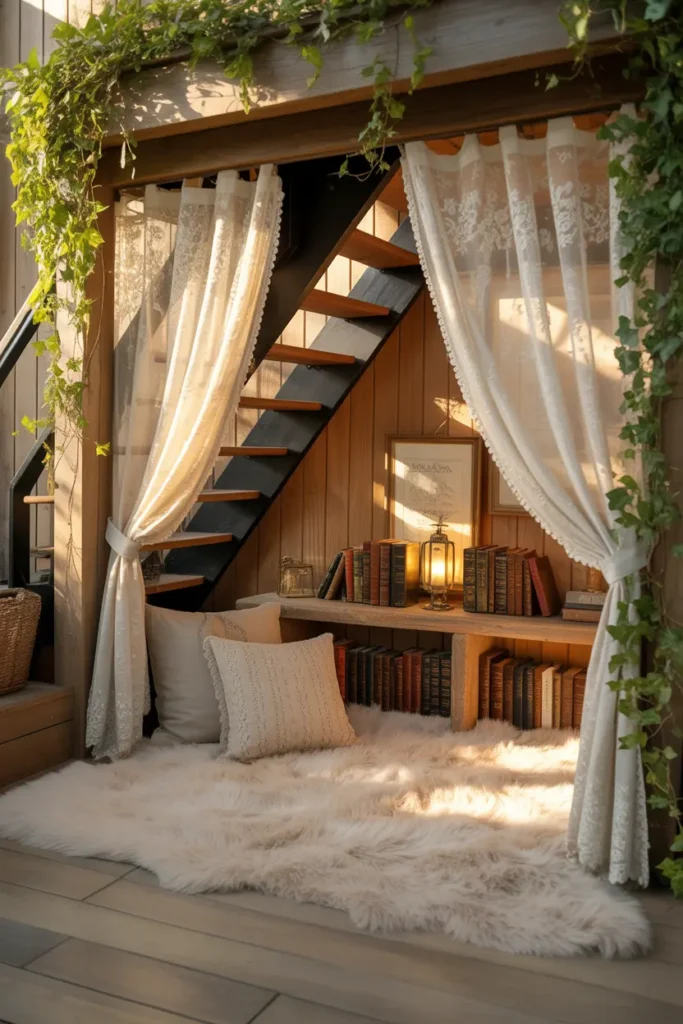 Charming cottagecore under-stairs reading nook hideaway with lace curtain and vintage books