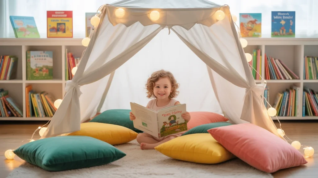 Children's reading nook with canopy tent, colorful cushions, front-facing bookshelves, and fairy lights