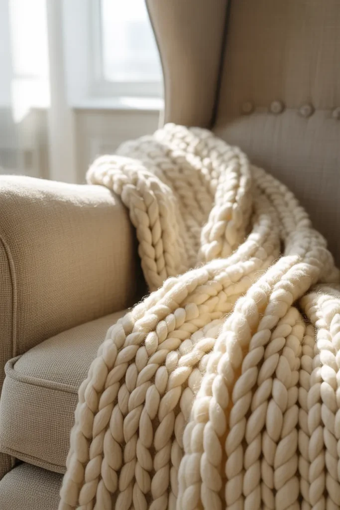 Chunky cable knit cream throw blanket close up texture on beige reading nook armchair.