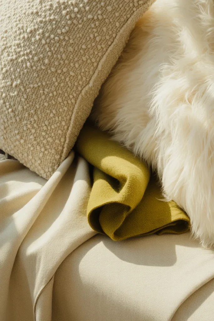 Close-up of Scandinavian reading nook textiles including linen, boucle, sheepskin, and sage wool