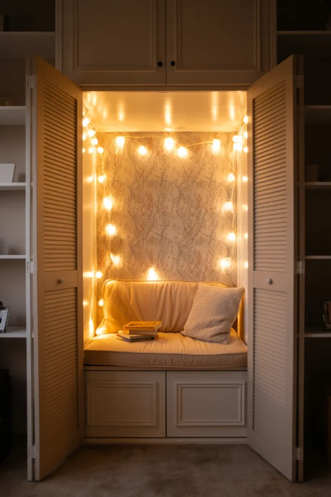  Closet converted into a DIY reading nook with fairy lights and wallpapered accent wall