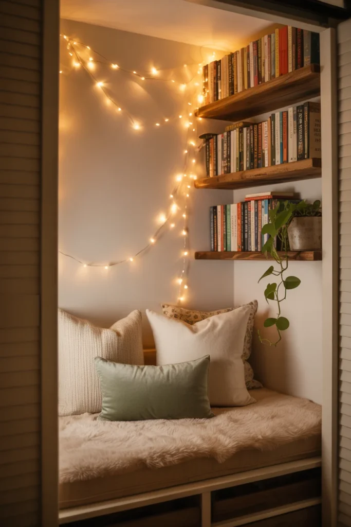 Closet converted into a cozy bedroom reading nook with string lights, floating bookshelves, and cushioned seat
