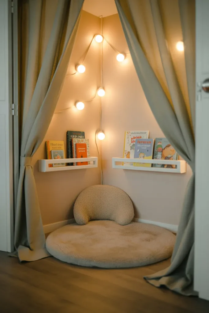 Closet converted into a cozy toddler reading nook with curtain and floor cushion
