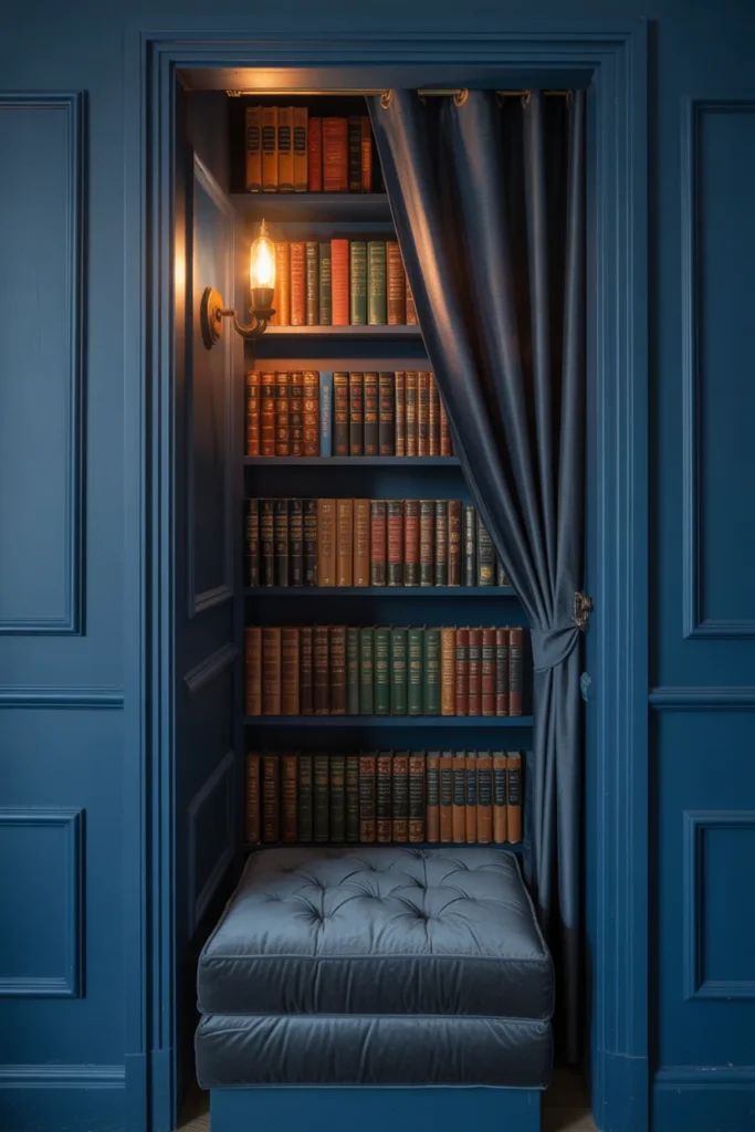  Closet converted into a dark academia book nook with navy walls, tufted cushion, mini bookshelves, and brass wall sconce