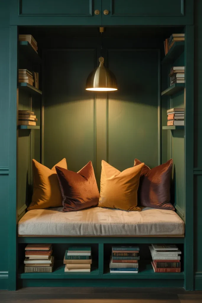 Closet converted into home office reading nook with green walls and pendant light